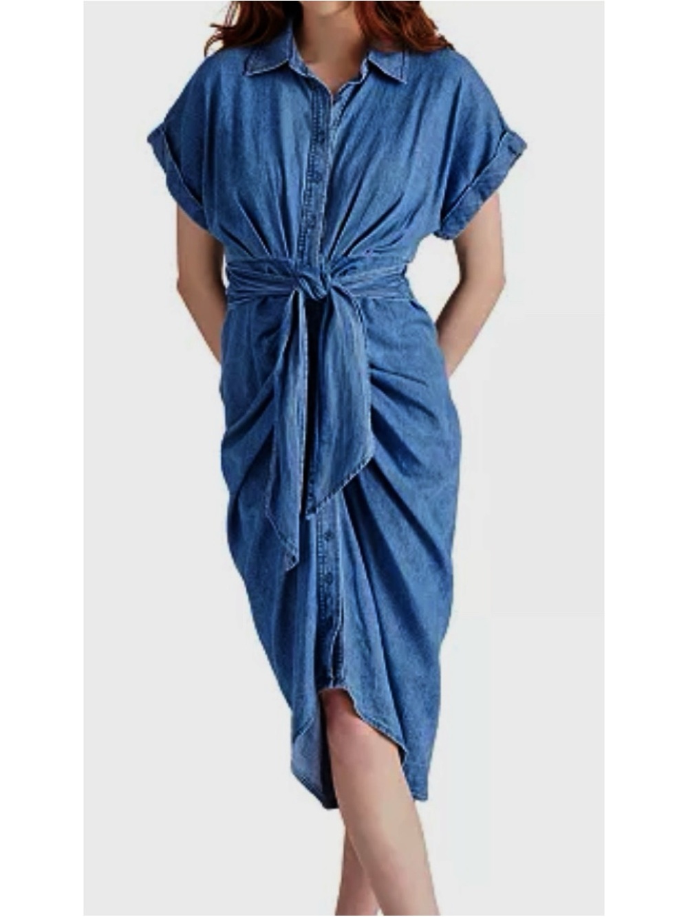 NWT Nina Parker Medium Indigo Denim Tie Waist Ruched Shirt Dress